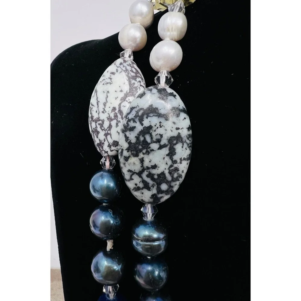 Lapis Lazuli Dalmatian Jasper and Pearl Long Strand Beaded Necklace